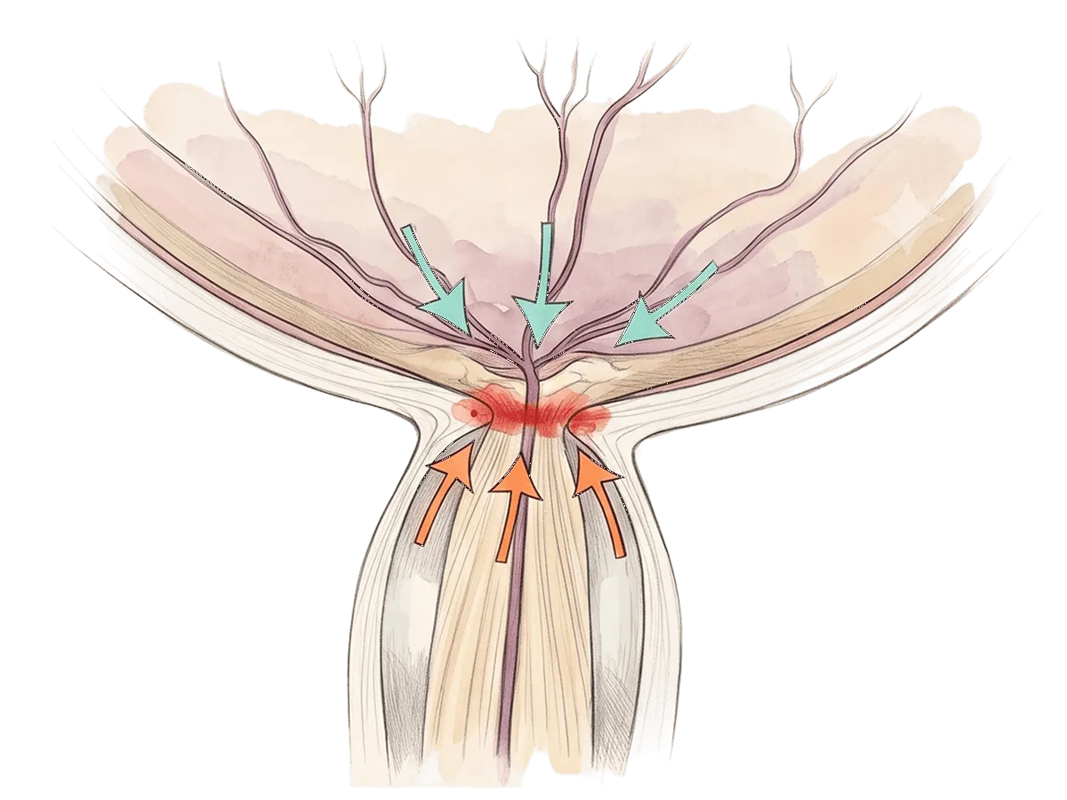 Optic nerve head showing opposing pressure from inside the eye and around the nerve.