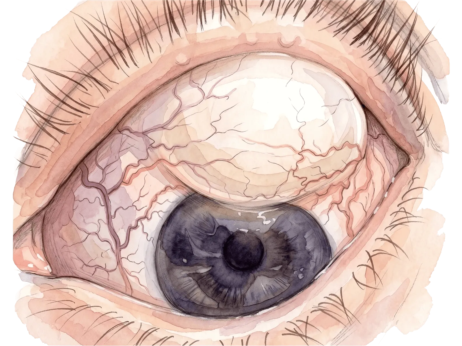 Clinical illustration of a filtering bleb after conventional glaucoma surgery.