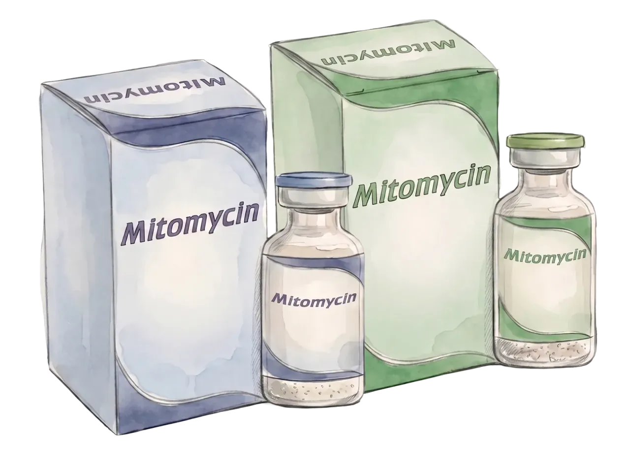 Illustration of mitomycin C packaging — agents QMAX does not require.