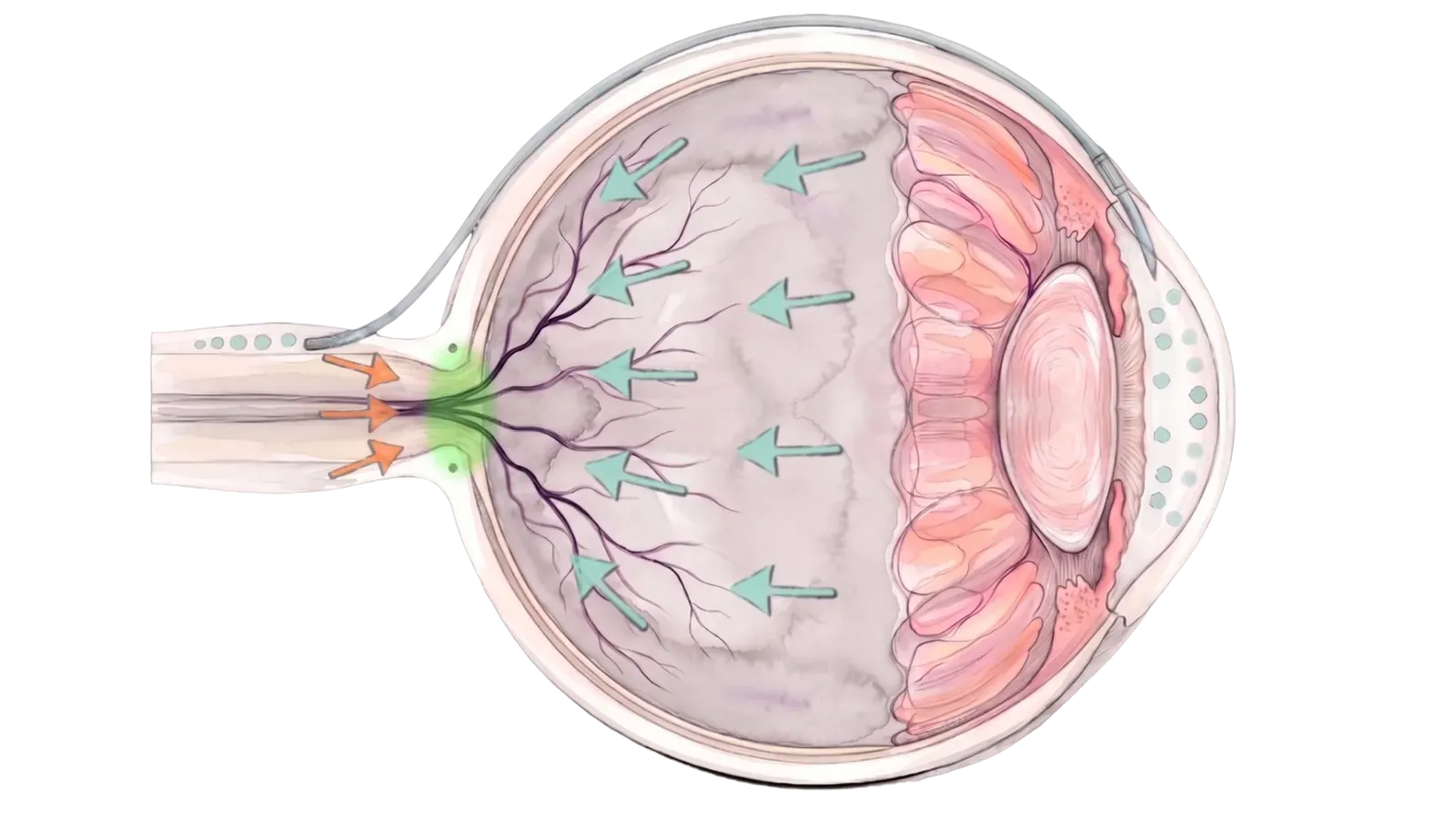 Cross-section of QMAX implant equalizing pressure at the optic nerve head.