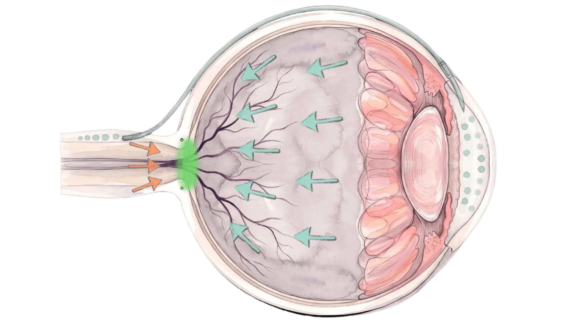 Cross-section of QMAX implant equalizing pressure at the optic nerve head.