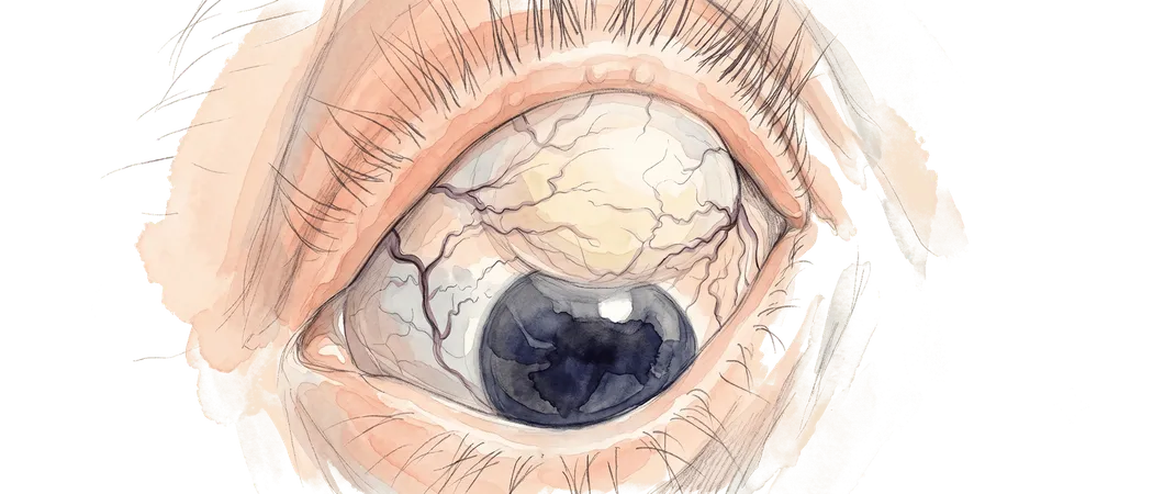 Clinical illustration of a filtering bleb after glaucoma surgery.
